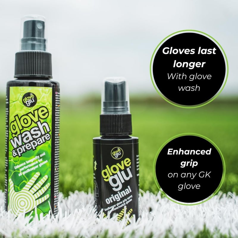 gloveglu Wash 'N' Glu Goalkeeper Glove Spray Bundle. Contains gloveglu 120ml Premium Goalkeeper Glove Wash & Prepare Wash + gloveglu 50ml Original Goalkeeper Grip Spray - Image 2